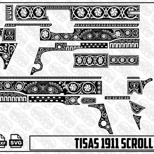 May include: A black and white digital file featuring a Tisas 1911 scroll design with intricate floral patterns, geometric borders, and an eagle emblem. The layout includes various component shapes for engraving, with PNG, DXF, and SVG icons at the bottom.