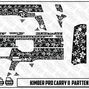 Può includere: Un set di file di design digitale in bianco e nero per una Kimber Pro Carry II, caratterizzato da intricati motivi floreali e a volute. Il layout include varie forme di componenti e due pannelli di impugnatura verticali con motivi botanici.