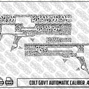 May include: A black and white digital design file featuring intricate scrollwork patterns for a Colt Government Automatic Caliber .45 pistol. The image displays various component outlines with ornate floral engravings and includes PNG, DXF, and SVG icons.
