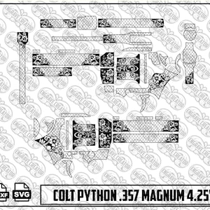May include: A black and white digital design template for a Colt Python .357 Magnum 4.25 inch revolver, featuring intricate floral and cross-hatched patterns. The layout includes various component shapes for engraving, with PNG, DXF, and SVG file icons.