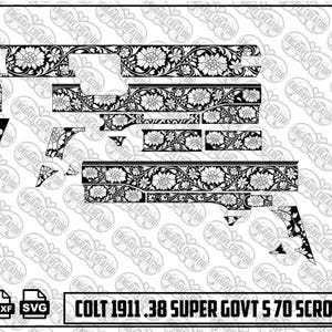 Puede incluir: Un archivo digital en blanco y negro con un patrón de grabado de volutas florales detallado diseñado para una Colt 1911 .38 Super Govt S 70. La imagen muestra varias formas de componentes cubiertas con motivos florales complejos y el texto COLT 1911 .38 SUPER GOVT S 70 SCROLL DESIGN.