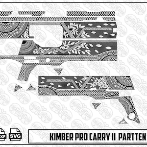 May include: A black and white digital design file for a Kimber Pro Carry II featuring intricate scrollwork and floral patterns. The graphic includes various component shapes with detailed textures, labelled with the text Kimber Pro Carry II Partten & Scroll.