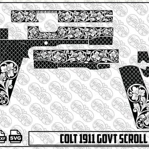 Pode incluir: Um arquivo gráfico digital em preto e branco exibindo o layout de uma pistola Colt 1911 Government com intrincados desenhos florais e padrões de escamas de peixe. A imagem inclui o texto COLT 1911 GOVT SCROLL DESIGN e ícones de formato.