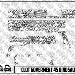 Op de afbeelding: Een digitale ontwerpbestandsset met het label CLOT GOVERMENT 45 DINOSAUR DESIGN met zwart-witte lijntekeningen van dinosaurusskeletten en een gebarsten steenpatroon, bestaande uit diverse rechthoekige en onregelmatige vormen.