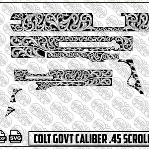 Peut inclure: Un fichier numérique en noir et blanc présentant un motif de volutes détaillé conçu pour une arme à feu Colt Government de calibre .45. Le graphique comprend diverses formes de composants avec des gravures florales et le texte Colt Govt Caliber .45 Scroll Design.
