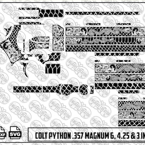 May include: A black and white digital design file for a Colt Python .357 Magnum with 6, 4.25, and 3 inch barrel lengths. The graphic features intricate snake scale patterns and ornate scrollwork engravings, presented as a flat layout for laser engraving.