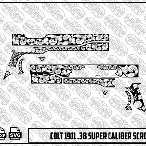 Könnte beinhalten: Eine schwarz-weiße digitale Designdatei für eine Colt 1911 .38 Super Kaliber Schusswaffe mit komplizierten Rankenmustern, dem Colt-Logo und einem springenden Pferdeemblem. Das Bild enthält Textbeschriftungen für die Dateiformate PNG, DXF und SVG.