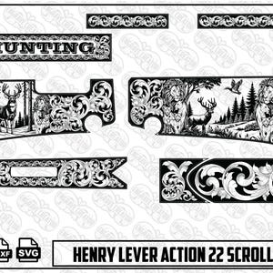 Puede incluir: Una colección de patrones de grabado digitales en blanco y negro para un rifle Henry de palanca calibre 22, con volutas, ciervos, leones y el texto HUNTING. El set incluye formatos de archivo PNG, DXF y SVG para proyectos de grabado láser.