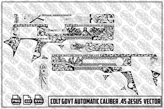 Colt Government Automatic Caliber .45 Jesus Final Engraving Vector | Christian Cross & Sacred Heart Scrollwork SVG | Digital Design