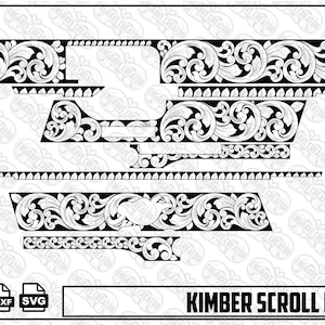 Peut inclure: Un fichier graphique numérique en noir et blanc présentant un motif de volutes Kimber avec des motifs floraux complexes. L'image affiche plusieurs segments rectangulaires et linéaires du motif de gravure, avec le texte Kimber Scroll Design en bas.