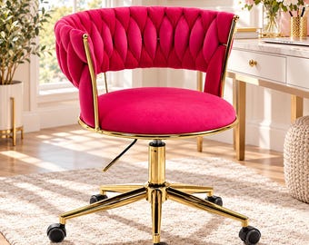 Velvet Office Desk Chair with Woven Backrest Adjustable Swivel Makeup Chair