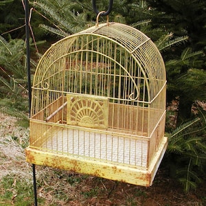 Vintage Bird Cage Shabby Chippy Mustard Yellow Paint - Crown Birdcage - Cottage Bird Cage