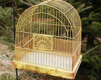 May include: A vintage, yellow birdcage with a rounded top and a decorative sunburst design on the front. The cage is made of metal and shows signs of wear, suggesting it is an antique. It hangs from a black metal hook against a backdrop of green foliage.