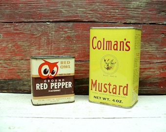 Vintage Set of 2 Spice tins - Vintage Tins - Advertising Memorabilia Kitchen Display - Colman's Mustard - Red Owl