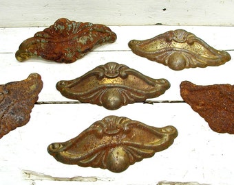 Shabby Brass Plate Pulls Antique Hardware Drawer Pulls Set of 6 Upcycle Repurpose Shabby Shic Hardware