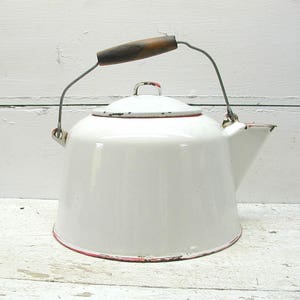 Vintage Red White Enamel Kettle Teapot Pitcher Perfectly Primitive Coffee Tea Pot