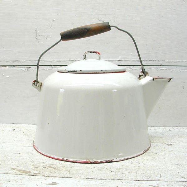 Vintage Red White Enamel Kettle Teapot Pitcher Perfectly Primitive Coffee Tea Pot