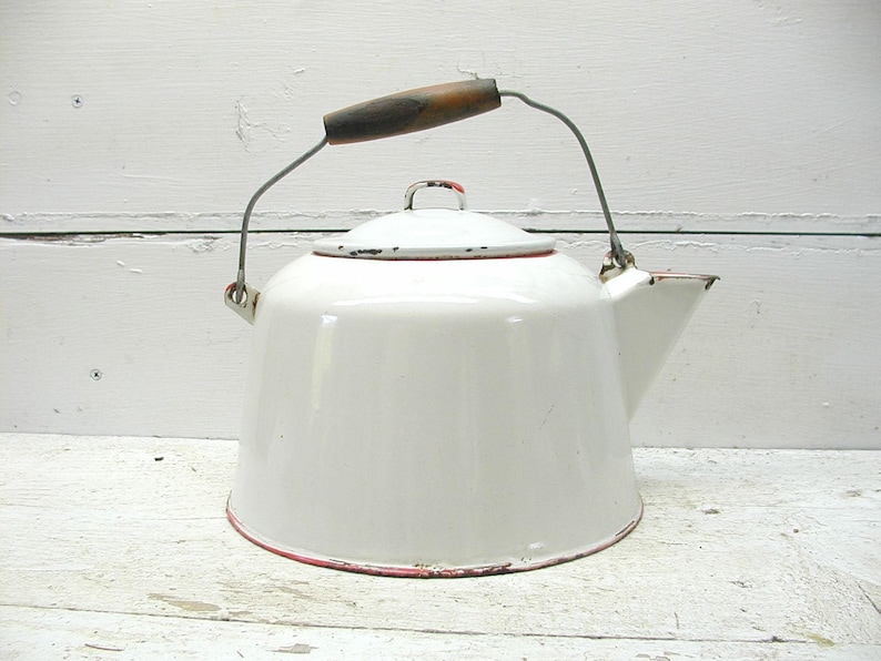 Vintage Red White Enamel Kettle Teapot Pitcher Perfectly Etsy