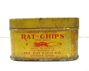 Antique Rat Poison Tin RAT-CHIPS – Early 1900s Advertising – Dresden Ohio – Primitive Farmhouse Decor – Vintage Pest Control