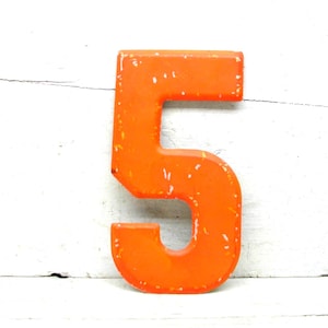 Vintage Metal Number 5 Number Five Sign 7 1/2" Large Thick Tin Sign Marquee Orange Chippy Paint