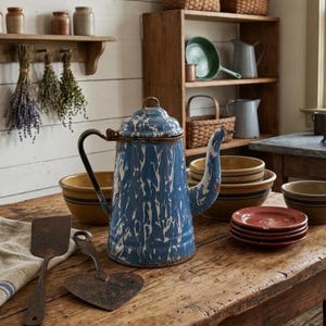 May include: A blue and white marbled enamel coffee pot with a lid, handle, and spout. The pot is surrounded by several ceramic bowls, a stack of small red plates, two metal spatulas, and a linen cloth on a wooden table surface.