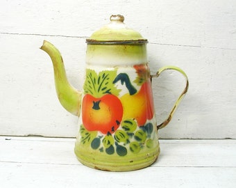 Vintage French Country Floral Porcelain Enamel Coffee Pot - Perfectly Primitive - Enamelware - Coffee Tea Pot Kettle Spring Bouquet