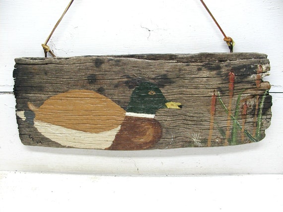 Rustic Lodge Decor Folk Art Duck Painting Old Barn Wood Etsy