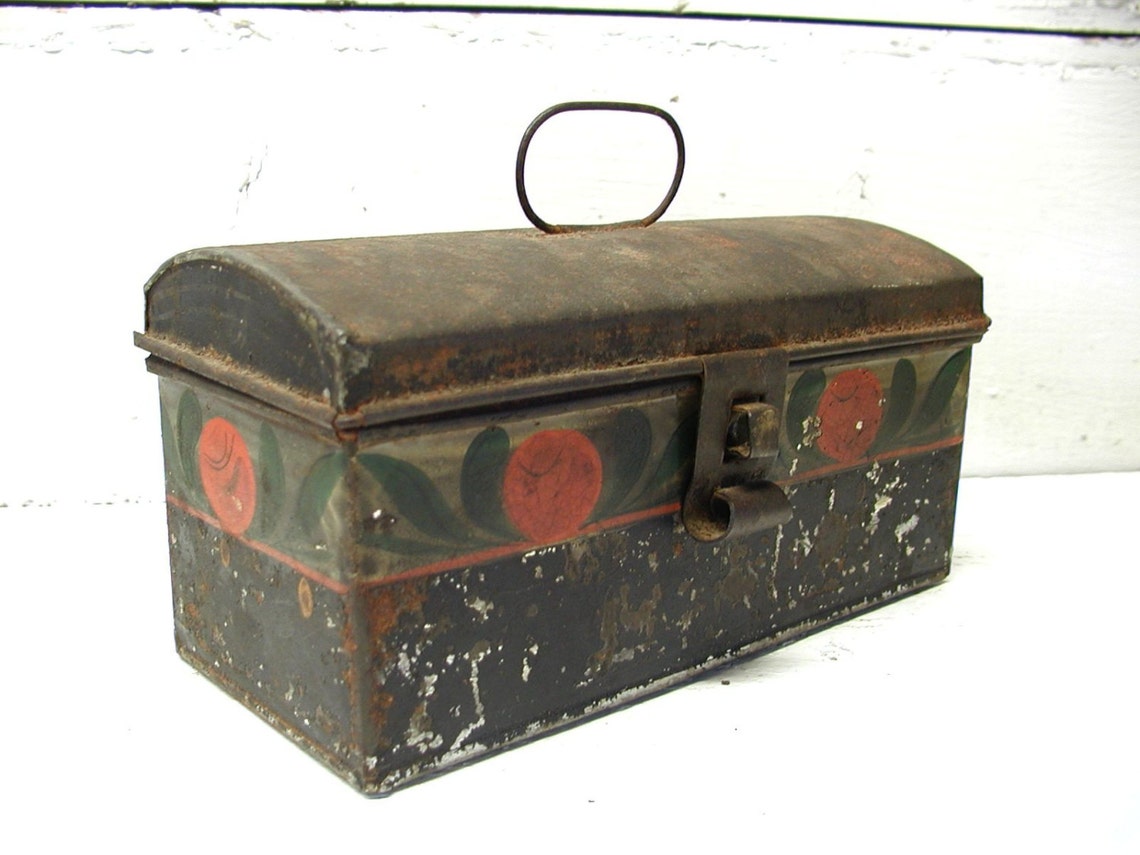Vintage Tin Document Box Spice Tin Tea Tin Folk Art Painted Etsy