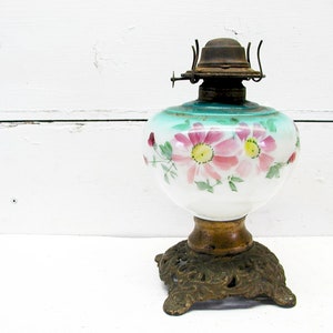 Antique Oil Lamp - GWTW Style - Kerosene Lamp - Cast Iron Base - Oil Burning Lamp - Early 1900s - Victorian Lamp - Hurricane Lamp