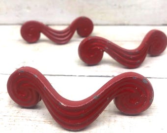 Vintage Red Painted Drawer Pulls - Antique Drawer Handles -  Keeler Brass CO - Restoration - Swirl Pattern - Set of 3