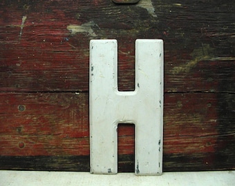 Vintage Metal Letter H Sign: Chippy White Paint, 7.5 Inch Marquee