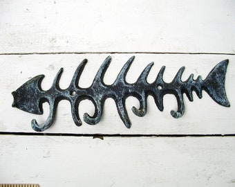 4 CAST IRON FISH Bones Wall Hook Key Hat Coat Rack Holder Skeleton Nautical