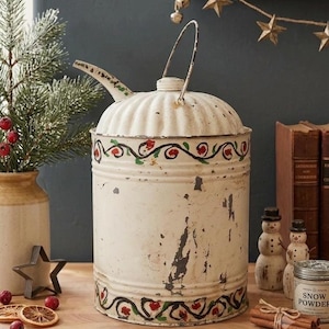 Vintage Hand Painted Kerosene Can | Folk Art Oil Can | Primitive Christmas Decor & Rustic Farmhouse Kitchen Table Accent