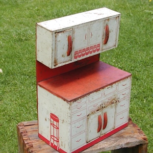 Vintage Tin Toy Cabinet - Tin Toy Pantry - Shabby Tin Hoosier Sellers - Toy Tin Kitchen - Litho Lithograph Tin Toy - Wolverine