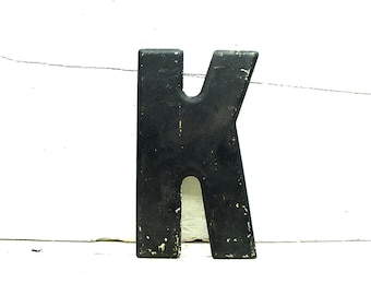 Vintage Metal Letter K Sign: 7.5" Chippy Black Marquee