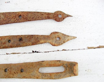 Vintage Blacksmith Forged Iron Hinges With Hasp - Forged Strap Hinges - Primitive Barn Hinges