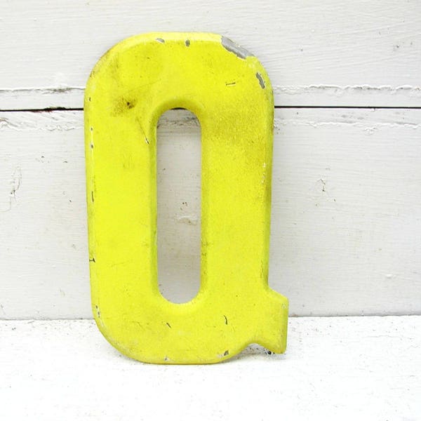 Vintage Metal Letter Q  -  7.5"  Thick Tin Sign Marquee Rusty Chippy Paint Chartreuse