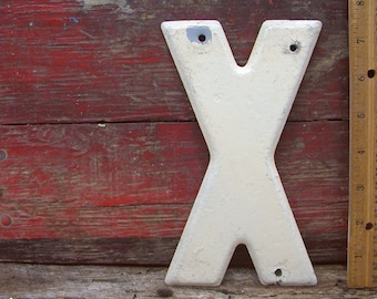 Vintage Metal Letter X Letter Sign 7 1/2" Large Thick Tin Sign Marquee White Chippy Paint