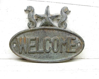 Beach House Welcome Sign - Cast Iron Sign - Unique Beach Lover Gift - Rustic Beach Decor - Seahorse - Starfish -