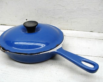 Vintage French Country Blue Graniteware Enamel Le Crueset - Enamelware Graniteware - Small Pan With Lid sz 16 - 6.5"