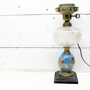 Antique Electrified Oil Lamp - Asian Inspired - Cast Iron Base - Oil Burning Lamp - Early 1900s - Victorian Lamp - Hurricane Lamp