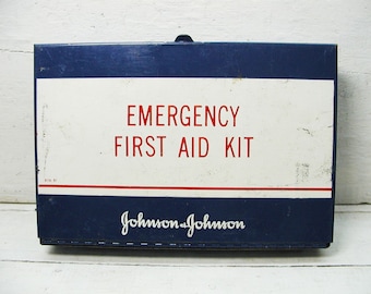 Vintage First Aid Kit - Metal Storage - Industrial Storage - Hobby Bin Gadget Box - Johnson and Johnson