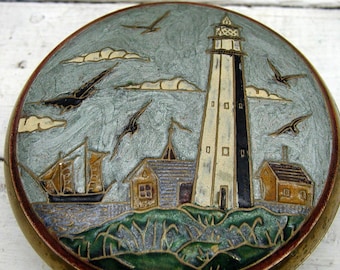 Vintage Brass Light House Lighthouse Sea Theme Trinket Dish with Lid Beach House Decor Jewelry