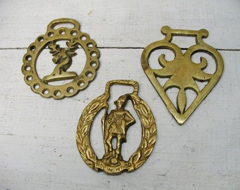 Vintage Brass Horse Parade Medallions Robin Hood Robinhood Stag Heart - Set of 3