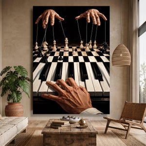 May include: A wall art print featuring a surreal composition where a hand plays piano keys that transition into a chessboard. Above the board, two hands manipulate chess pieces with strings like a marionette, set against a dark background.