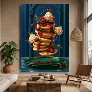 Elegant Pancakes Stack Canvas Wall Art, Berry Syrup Drizzle, Whipped Cream Decoration, Gourmet Food Canvas, Kitchen Dining Room Decor