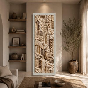 May include: A vertical rectangular wall art piece featuring a textured fiber art composition. The artwork consists of various beige, tan, and cream-colored ropes, cords, and woven fabrics arranged in intricate knots and layered patterns within a frame.