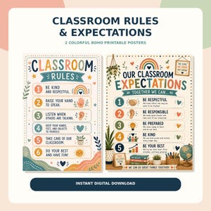 Puede incluir: Dos pósteres imprimibles titulados CLASSROOM RULES & EXPECTATIONS. El primero enumera seis reglas con iconos como un arcoíris, mano, oreja, corazón, planta y sol. El segundo enumera cinco expectativas con iconos como manos, oreja, bombilla y gráfico.