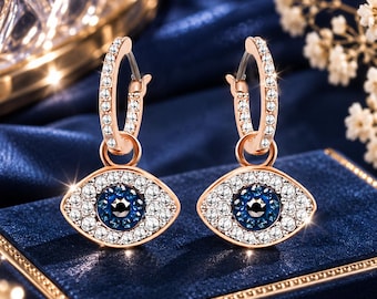 Swarovski Crystal Evil Eye Earrings, Rose Gold Blue Eye Drop Earrings, Sparkling Huggie Hoops, Protection Jewelry Gift for Her