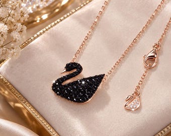 Swarovski Crystal Black Swan Necklace, Rose Gold Swan Pendant, Sparkling Black Crystal Jewelry, Elegant Gift for Her
